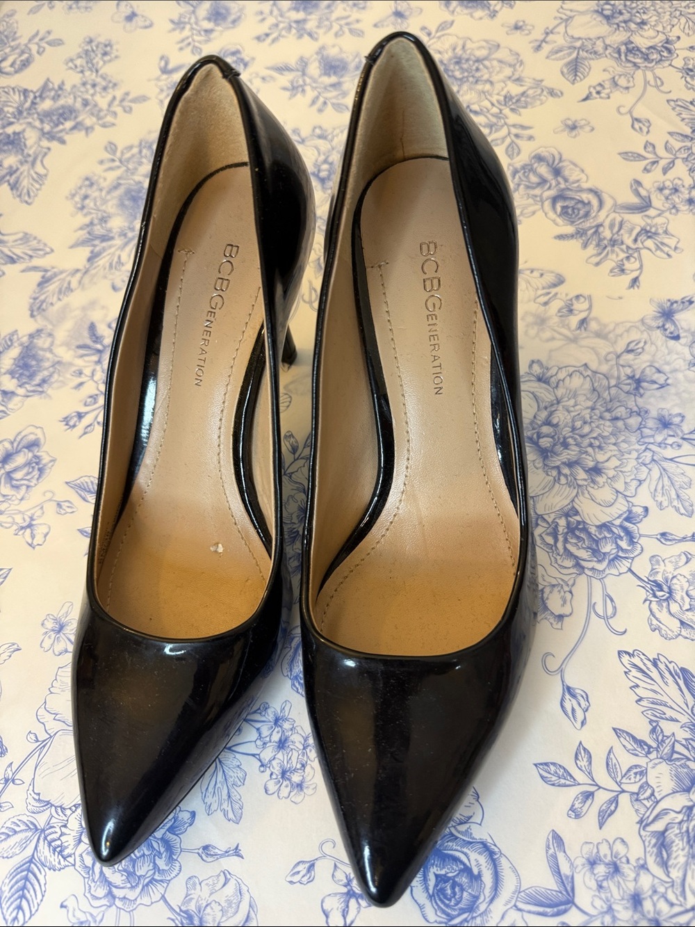 BCBGeneration Black Patent Look Pointed Toe Pumps